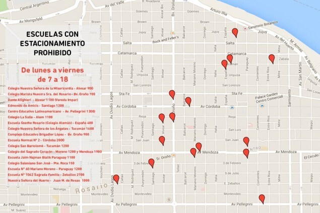 El mapa de las escuelas donde no se puede estacionar
